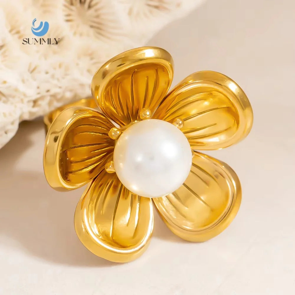 SUMMLY Trend Wholesale Creative Luxury Pearl Flower Shape 18K Gold Plated Stainless Steel Open Ring Fashion Jewelry