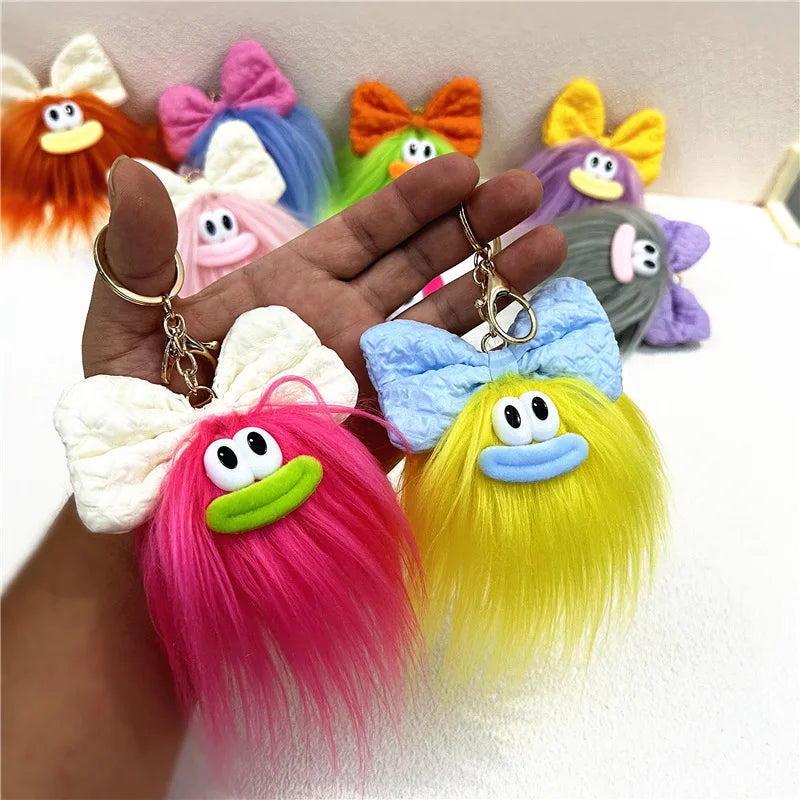 Cute Monster Plush Keychain Peluches Toys Sausage Mouth Bow Doll Key Chains Bag Pendant Ugly Plushie Doll Gifts Monster Keychain