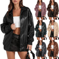 Fashion Motorcycle Coat PU Leather Zip up Jacket Vintage Long Sleeve Zipper Windbreaker Coat Female Outerwear Chic Overshirt