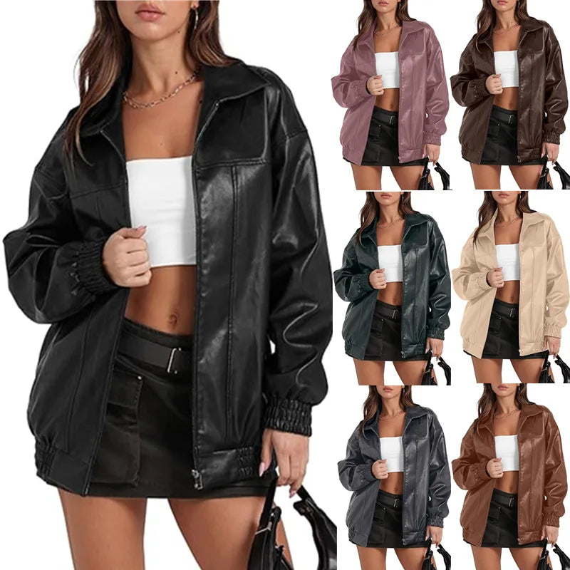 Fashion Motorcycle Coat PU Leather Zip up Jacket Vintage Long Sleeve Zipper Windbreaker Coat Female Outerwear Chic Overshirt