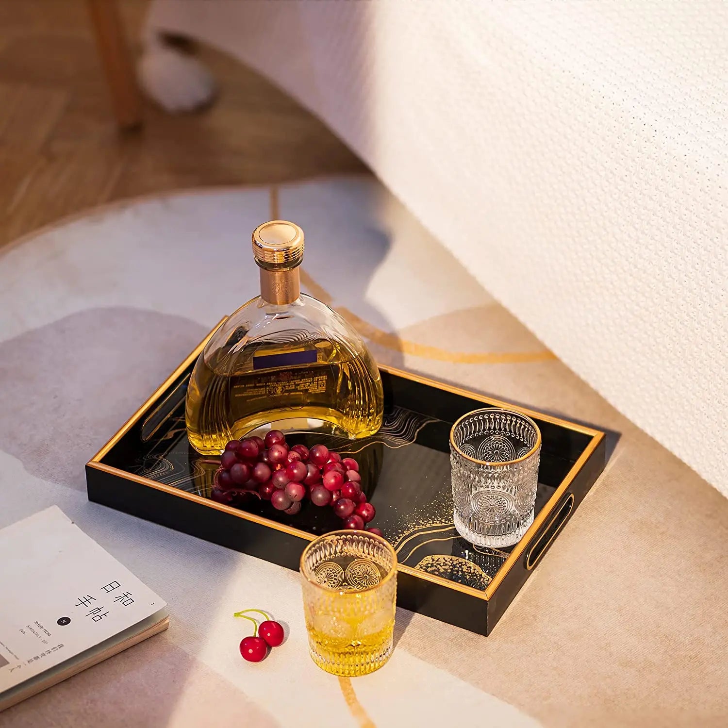 Factory Custom Luxury Black Serving Tray Eco-Friendly Glass UV Gold Printed for Serving and Gift Giving