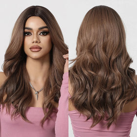 Large Inventory Chestnut Brown Wavy Wigs Ombre Brown Hair Long Synthetic Fluffy Wig Heat Resistant Natural Daily Wig