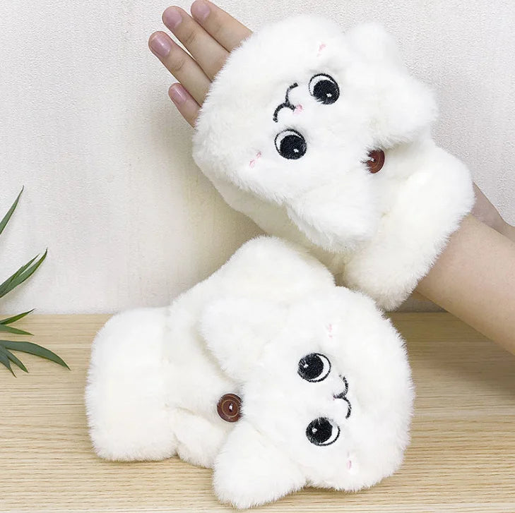 Fashion Cartoon Cute Fingerless Cover Hand Clamshell Mitten Pink Women Warm Gloves