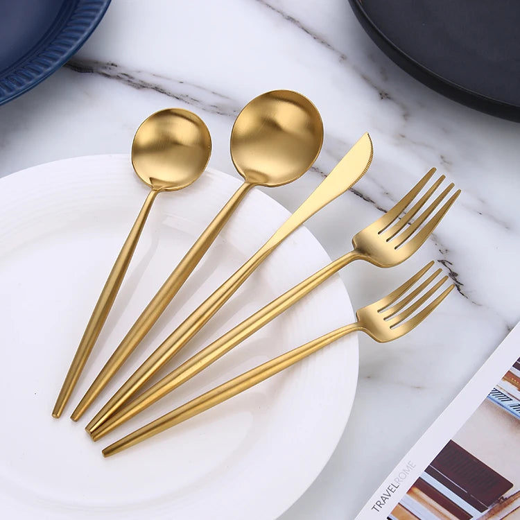 Wholesale Premium Round Handle Flatware Matt Gold Stainless Steel Cutlery Set for Back to School