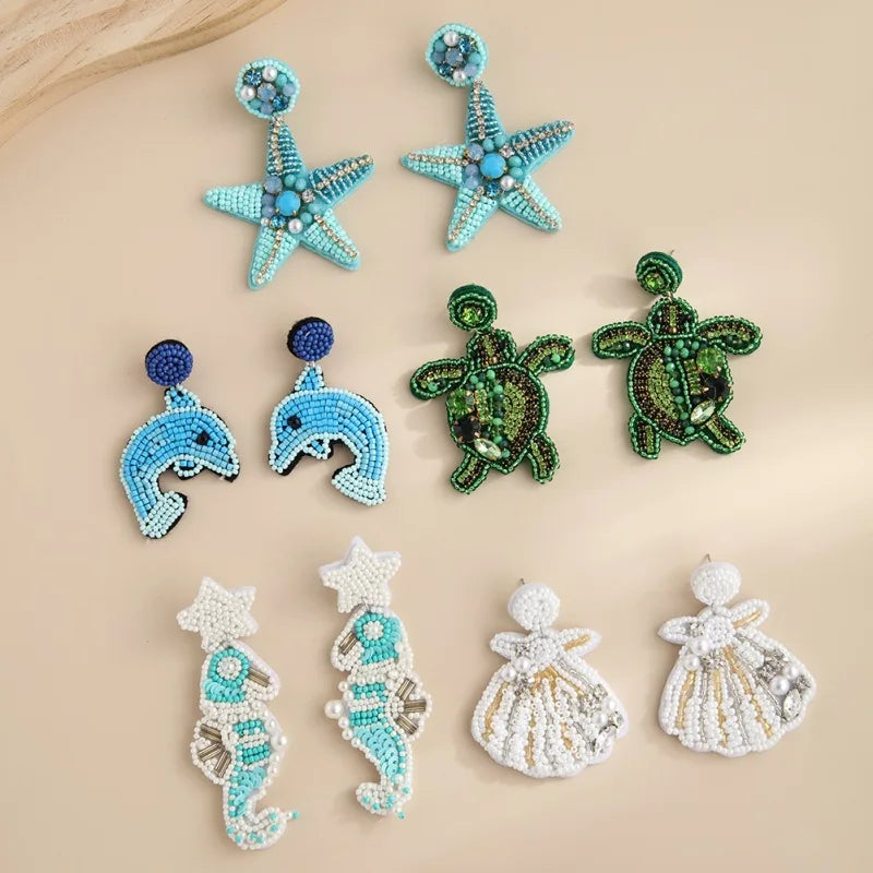 Creative Sea Creatures Fabric Seed Beads Earrings Personalized Handmade Beaded Sea Turtle Shell Pendant Earrings Wholesale