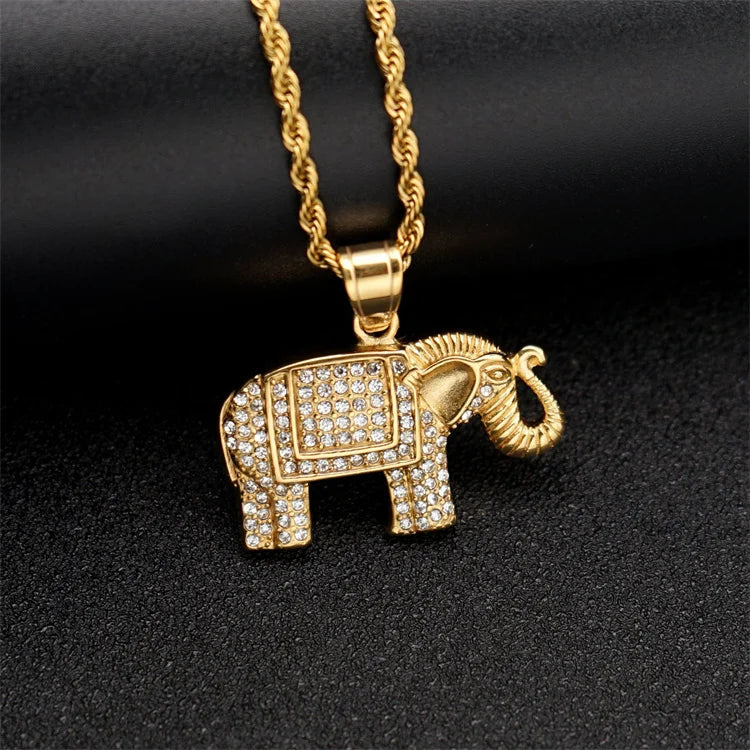 Hip Hop Gold Plated Animal Pendant Stainless Steel Elephant Charm Link Chain Necklace for Wedding Anniversary Party
