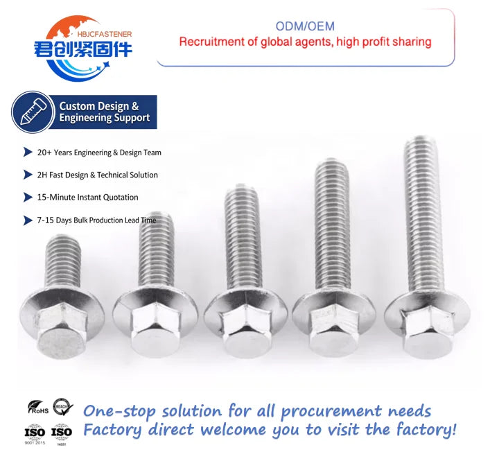 Hot Sale High-Strength Stainless Steel Flange Hexagon Head Bolts in Sizes M4 M6 M8 M10 M12 3/18-16 Plain Finish Hex Flange Bolt
