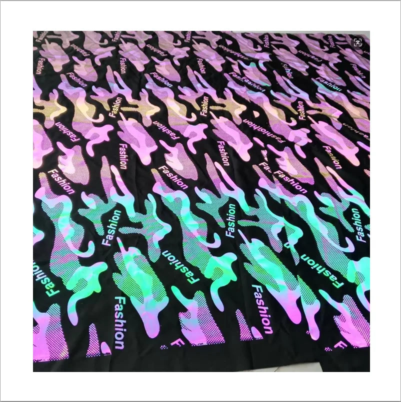 Fashion Style Camouflage Pattern Printing logo Customized rainbow Reflective 100% Polyester Fabric for Popular Sportswear Jacket