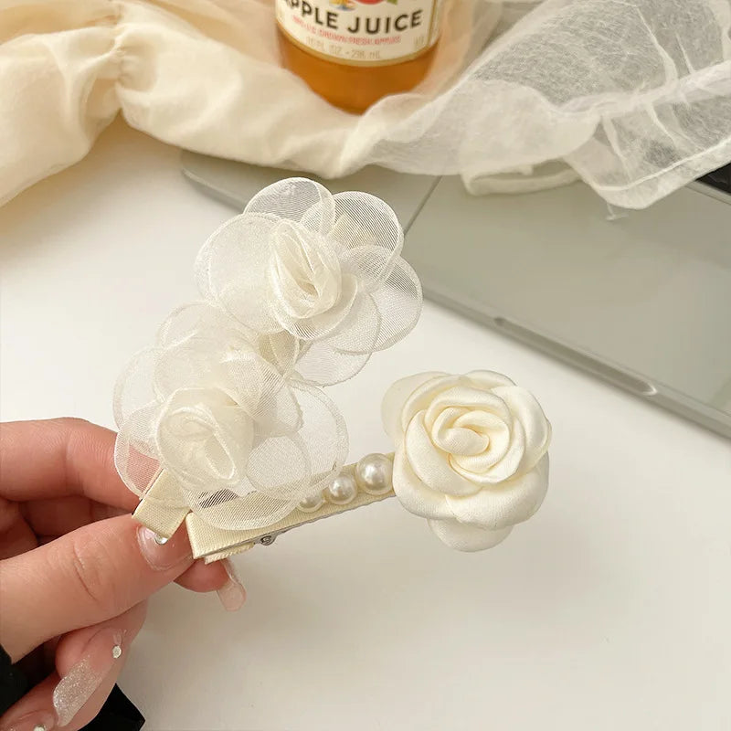 Fermaglio Per Capelli Summer Sweet Mesh Pearl Hair Accessory Girls Flowers Camellia  Clip Fabric Hair Clip