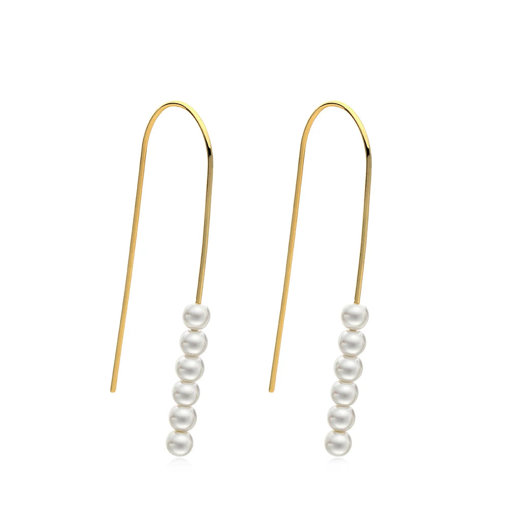 Gold Plated Pearl Dangle Earrings for Women Long Stainless Steel Drop Elegant Jewelry for Gift Occasions Brinco Oorbellen