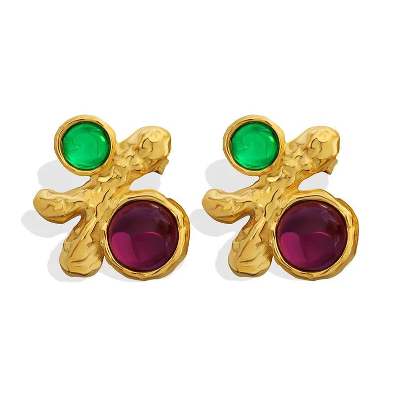 Jewelry Manufacturer New Design Retro Precious Stone Setting Stylish Textured Gold Plated Women Small Earings Set
