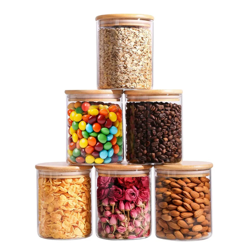 Glass Food Storage Jars Set of 6 Clear Glass Storage Containers with Bamboo Lids Pantry Organization Jar