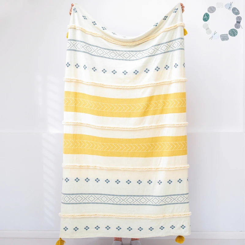 Mm Bohemia Style Comfortable Wearable Cotton Knitted Throw Blanket with Tassel for Sofa Photography Props Quilt