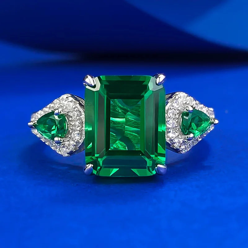 925 Sterling Silver Dainty Jewelry 8x10mm Synthetic Green Emerald Zirconia Ring for Wedding