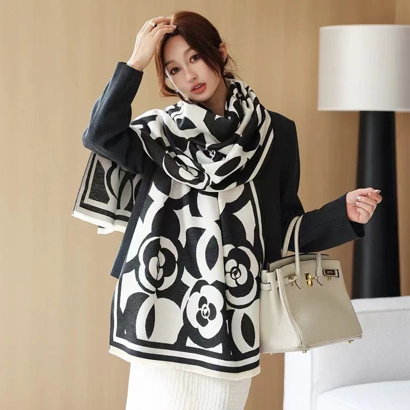 VISROVER Elegant Korean-Style Printed Polyester Scarf for Women Leaf Patterned Neck Warmer Shawl Windproof Fashionable Warm for