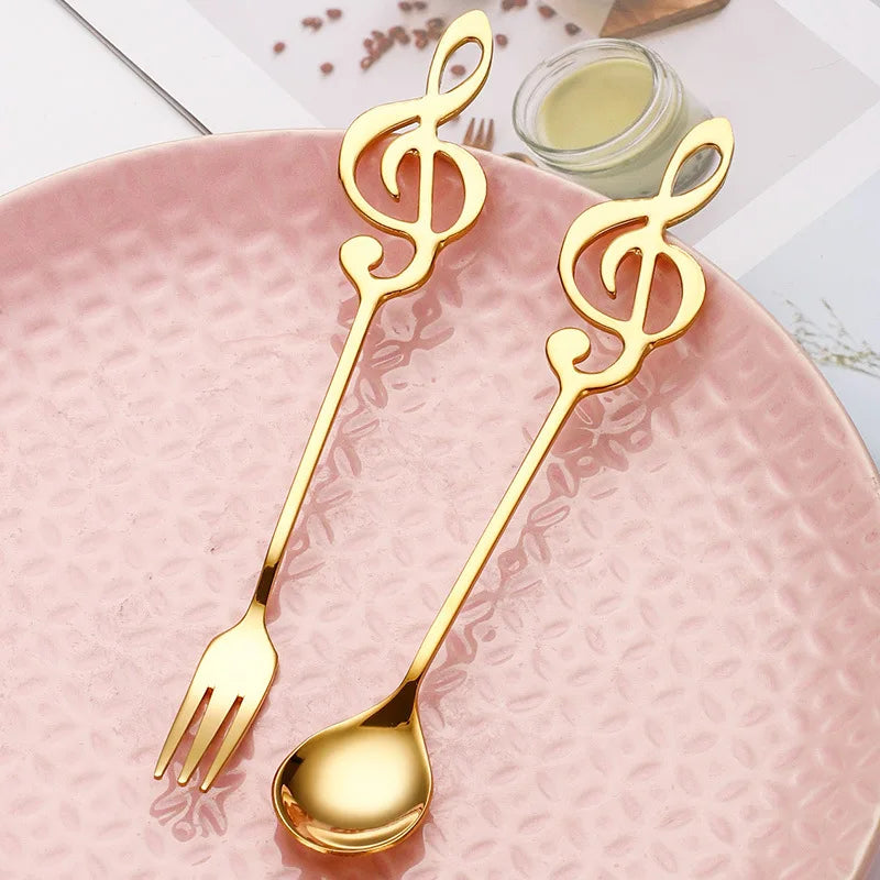 Cute 304 Stainless Steel Music Note Spoons Metal Pastry Fork and Tea Espresso Spoon for Coffee and Tea for Giveaways
