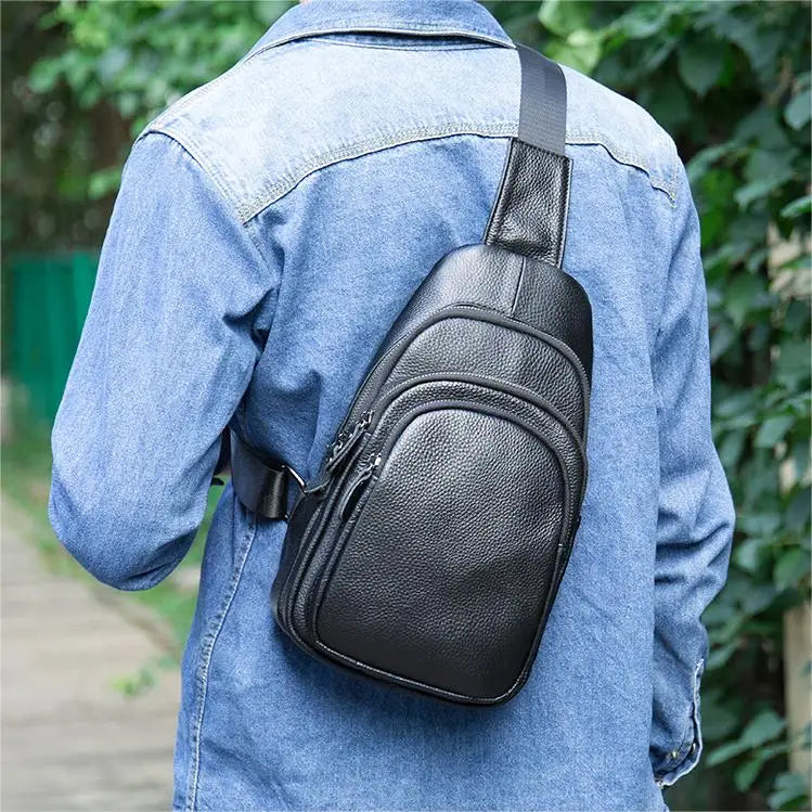 Marrant Men Cowhide Leather Waterproof Daypack Leather Sling Bag Shoulder Crossbody Bag Chest Bag for Men