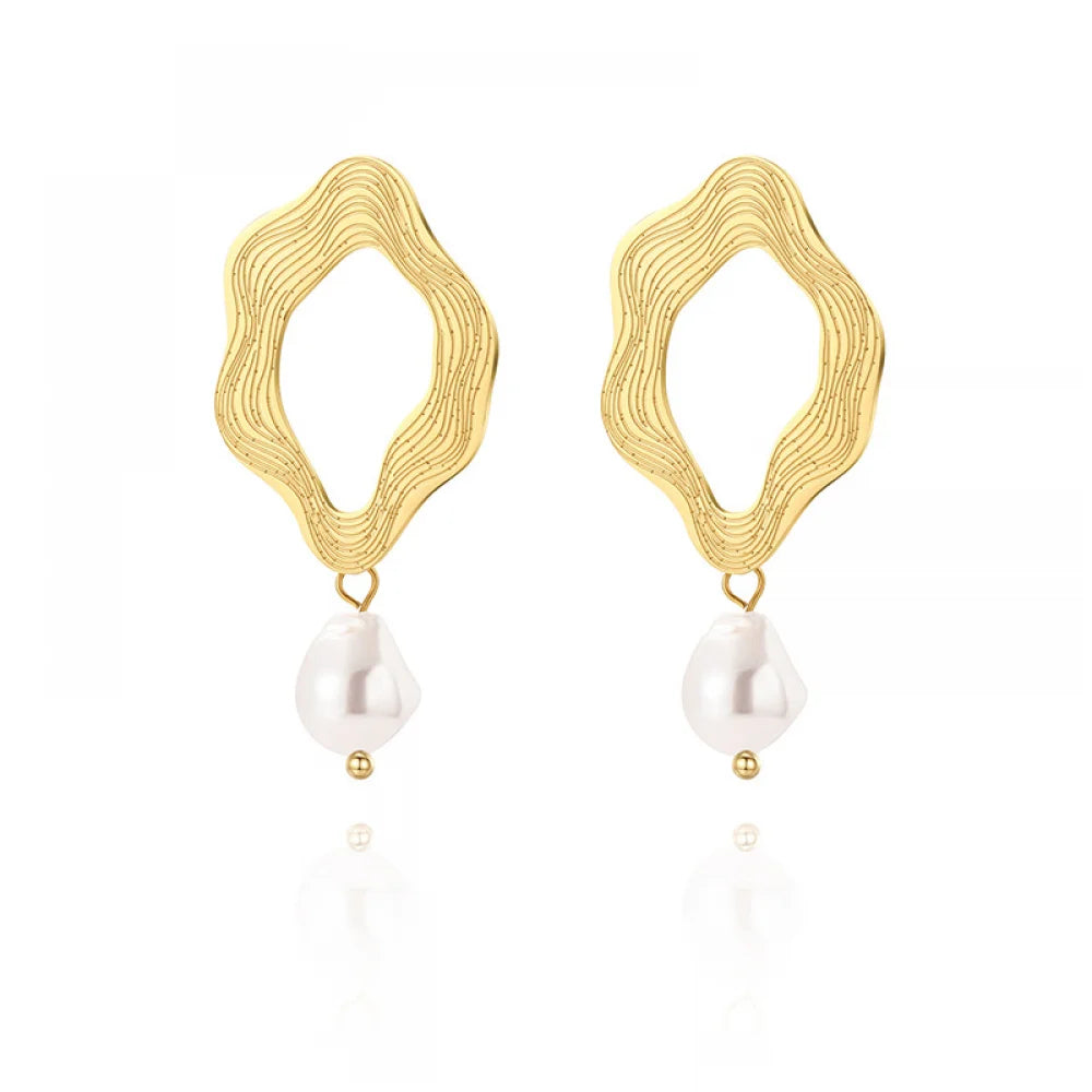 Elegant Women Jewelry Exaggerated Wavy Pattern Stainless Steel 18K Gold Plated Pearl Drop Earrings