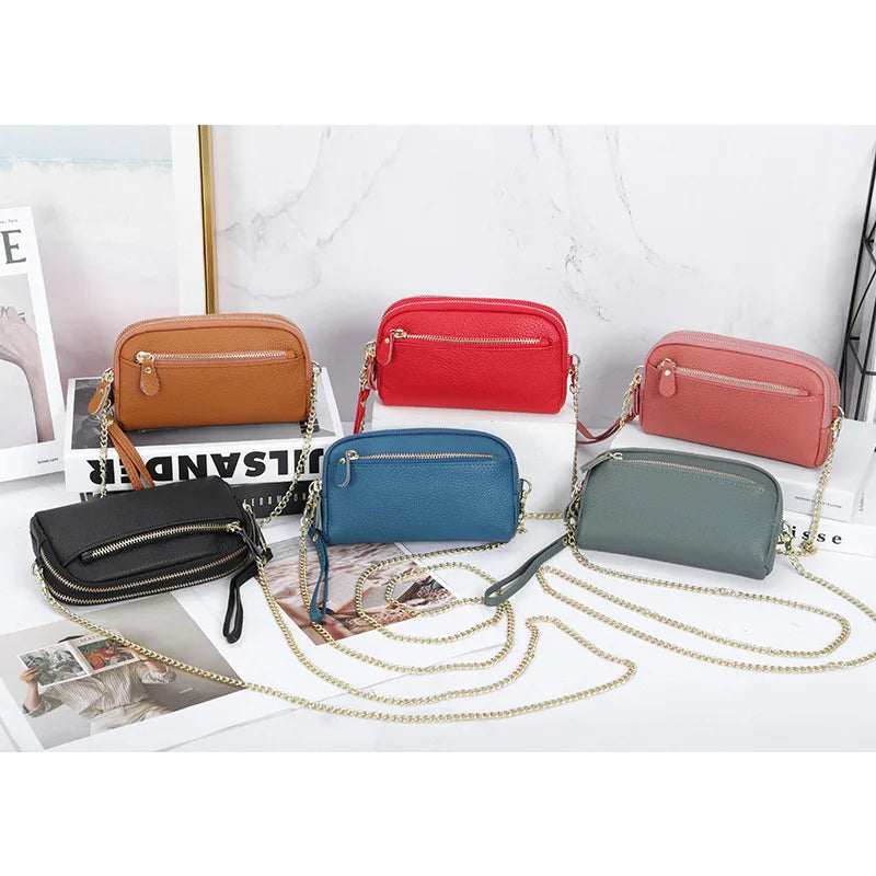 Chain Strap Shoulder Bag for Women Crossbody Phone Sling Bags Ladies Long Wallet Cowhide Large Capacity Zipper Clutch Bag Purse