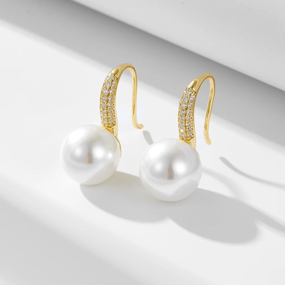 Aretes De Perla Simple Fashion 925 Sterling Silver Micropaved Zircon High Heels Shell Pearl Hook Earrings for Women