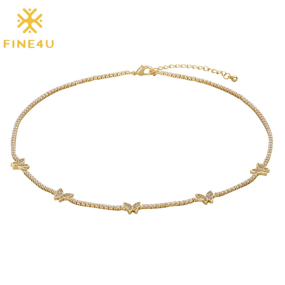 Fashion Dainty Jewelry Bling Cz Zcubic Zircon 18K Gold Plated Rhinestone Tennis Necklace Butterfly Choker
