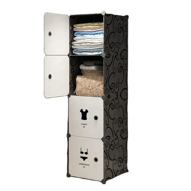 Wardrobe Economical and Portable Storage Cabinet 4 Doors Plastic for Clothes or Sundries with Stickers Bedroom Furniture