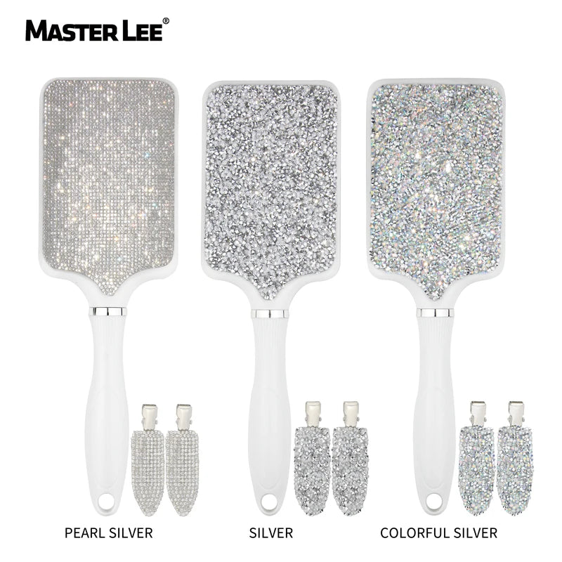 Masterlee New Product Bling Bling Diamond Paddle Massage Comb Detangler Hair Brush with Clips