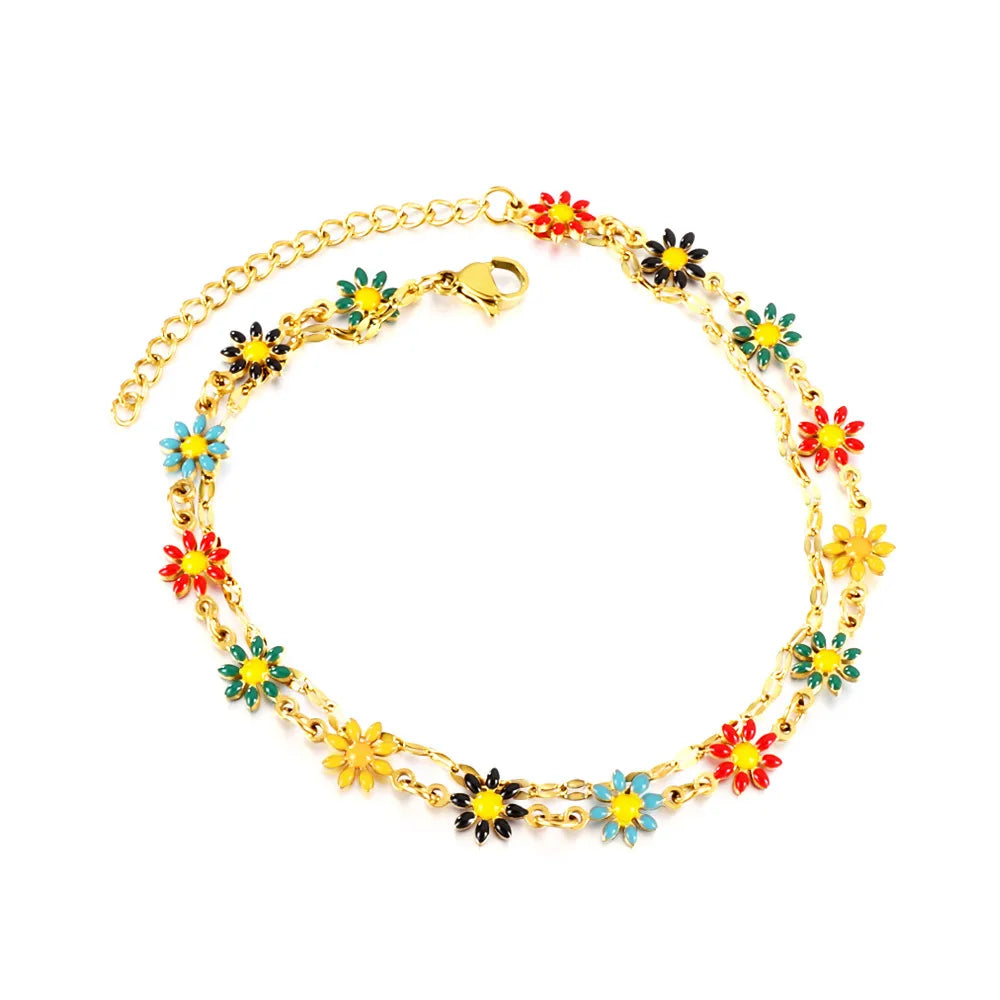 Minimalist Double Layers Beach Anklet Gold Plated Smile Eye Flower Stainless Steel Anklet for Women