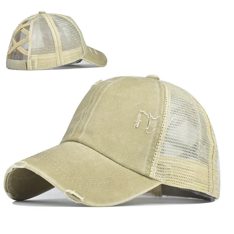 Wholesale High Elastic Band Cross Ponytail Hat Baseball Cap Sports Outdoor Vintage Washed Cotton Breathable Mesh Hat