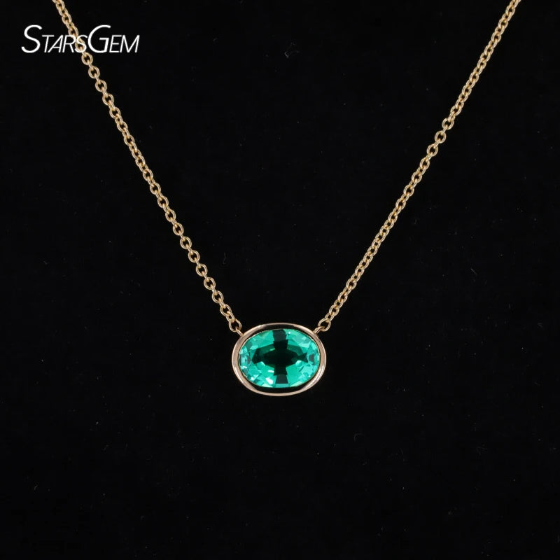 Starsgem Custom Jewelry 6*8mm Lab Colombia Emerald 14k Yellow Gold Bezel Set Pendant Necklace