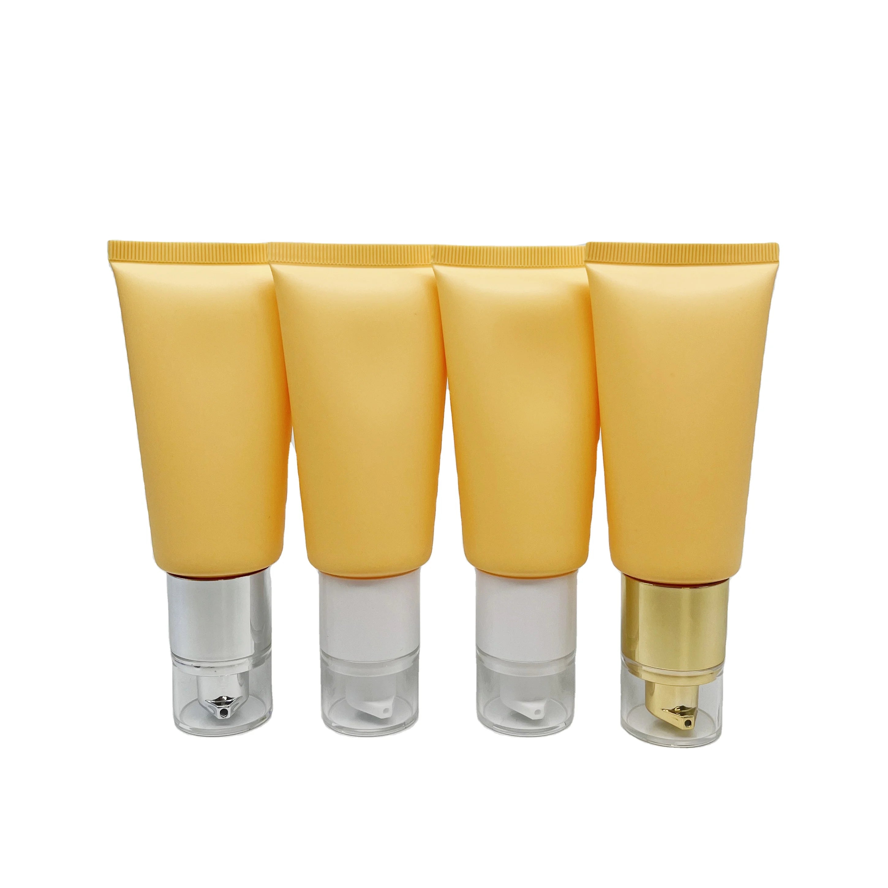 Wholesale 50g Yellow Flat Oval Empty Cosmetic Sunscreen Tube Package Recycle Hand Lotion Package Container with White Pump
