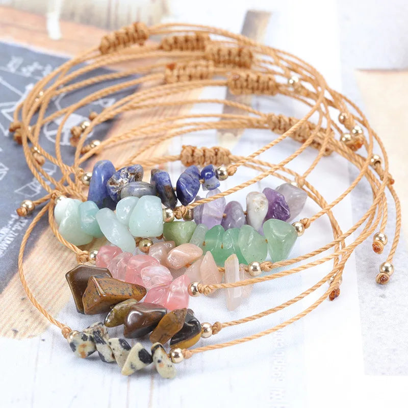 Wax Cord Adjustable Bohemian Gold Plated Natural Gemstone Irregular Amethyst Rose Quartz Lapis Lazuli Citrine Crystal Chip
