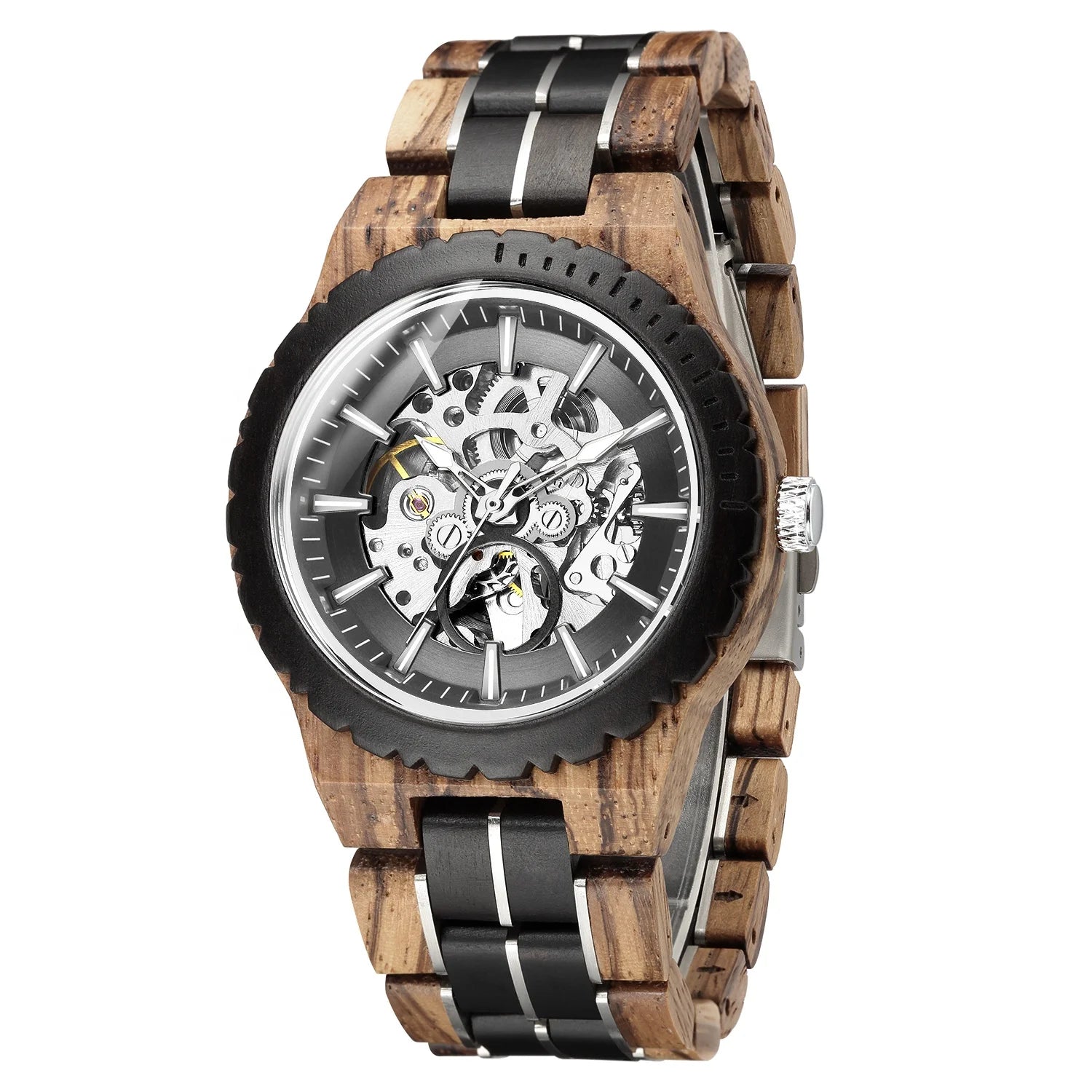 Luxury Stainless Steel Wood Watches Men Skeleton Mechanical Automatic Wooden Watch for Men Montres En Bois