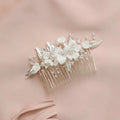 Handmade Delicate Gold Alloy Hair Comb Pearl Beaded Flower and Leaf Rhinestone Tiara Wedding Accessories for Bride Anniversary