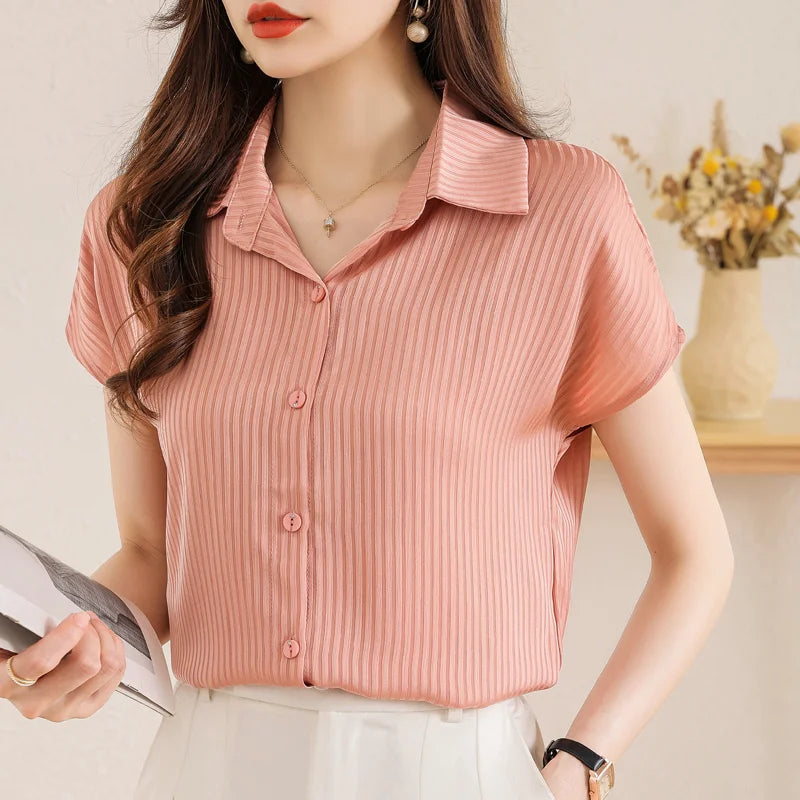 7033# Casual Chiffon Turn Down Collar White Pink Women's Summer Short Sleeve Elegant Blouse
