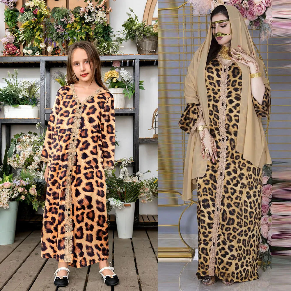 Wholesale High Quality Cute Leopard Middle East Arab Muslim Children Abaya Dress With Hijab for Islamic Kids Clothing