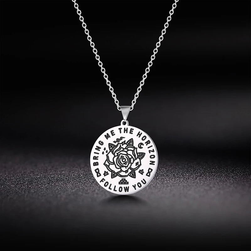Flower Stainless Steel Necklace Women Follow You Bring Me the Horizon Disc Link Chain Rose Pendant Necklace Jewelry