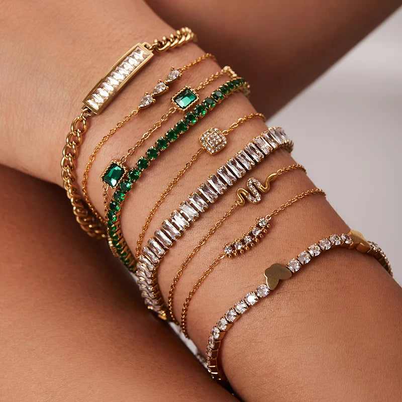 Custom 18K Gold Plated Stainless Steel Green Cubic Zirconia Dainty Charms Bracelets Et Bracelets for Women