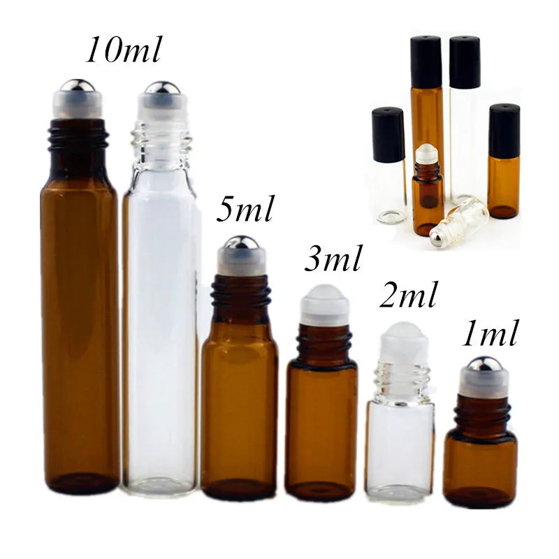 1ml 2ml 3ml 5ml 10ml Amber Thin Glass Jar Roll on Bottle Sample Test Essential Oil Vials with Roller Metal /Glass Ball