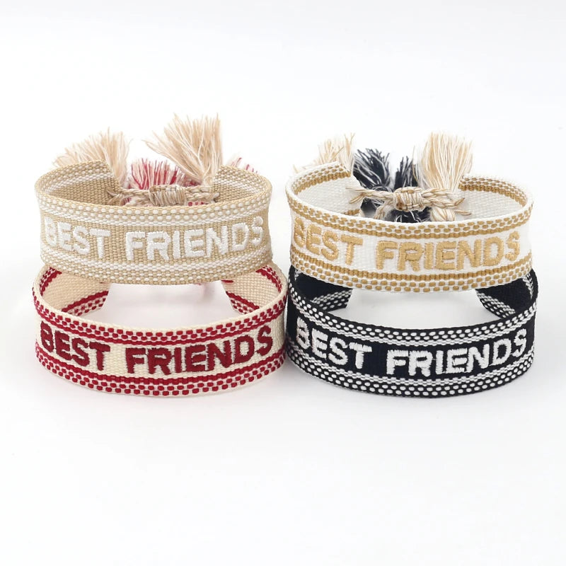 4 Colors Options Adjustable Size Webbing Embroidered Best Friends Woven Wrap Bracelet