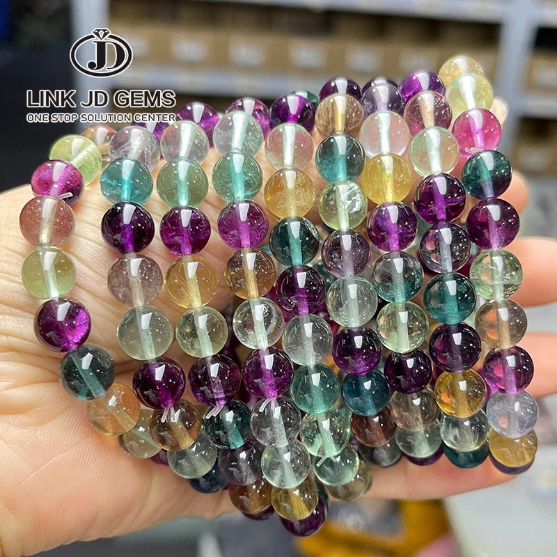 JD Women Reiki Healing Lucky Stretchy Mala Bangles Crystal Jewelry Gift 8mm 11mm 7A Natural Rainbow Fluorite Bracelet