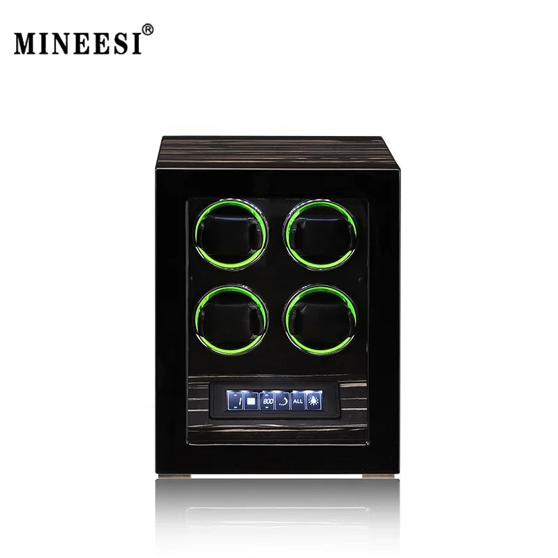 MINEESI 4-Slot Automatic Watch Winder Wood Fingerprint Unlock Shaker Mechanical Watches Storage Box LCD Touch Screen Protector