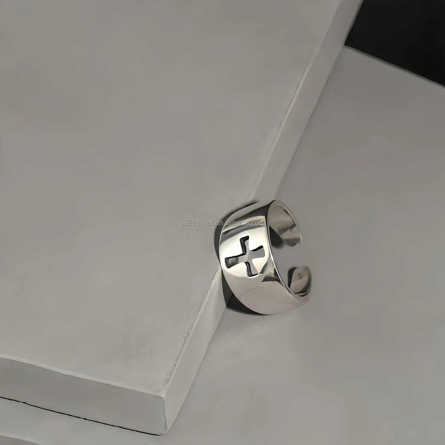 Cross Cutout Wide Band 925 Sterling Silver Open Adjustable Ring Minimalist Unisex Religious Jewelry Design for Daily Wear