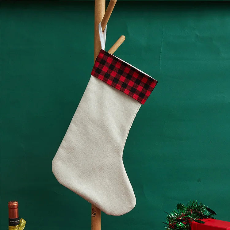 RubySub Red Pleated Plaid Linen Sublimation Blank Socks Sublimation Christmas Stocking Christmas Stocks