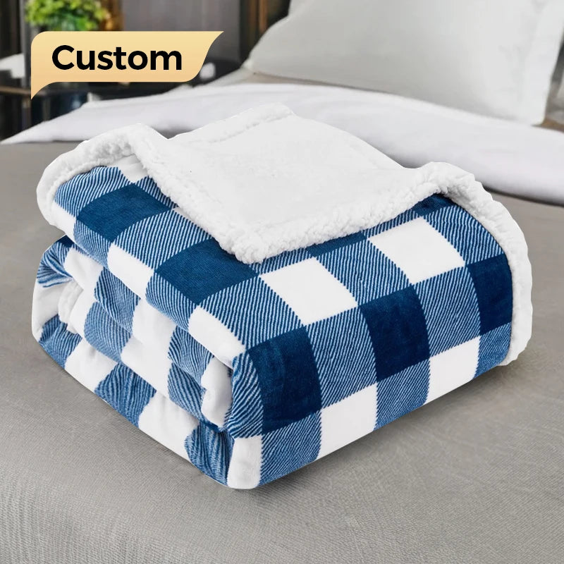Wholesale Custom Mink Double Bed Blankets Winter Soft Solid Color Pattern Flannel Double Layer Sherpa Plaid Throw Blanket
