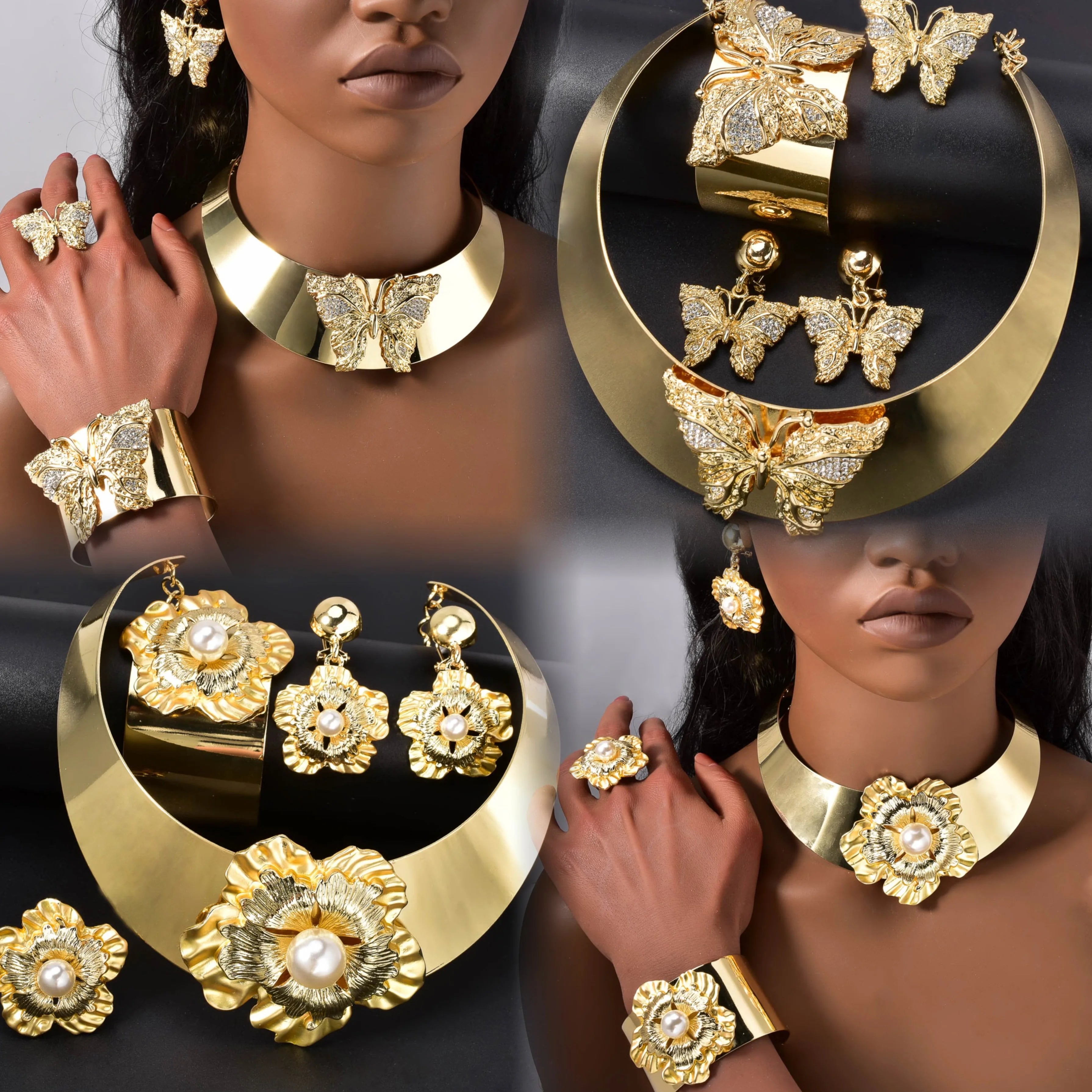 New Arrival 14k Gold Plated Copper Exquisite Necklace Earrings Ring Bracelet Bridal Jewelry Sets for Women