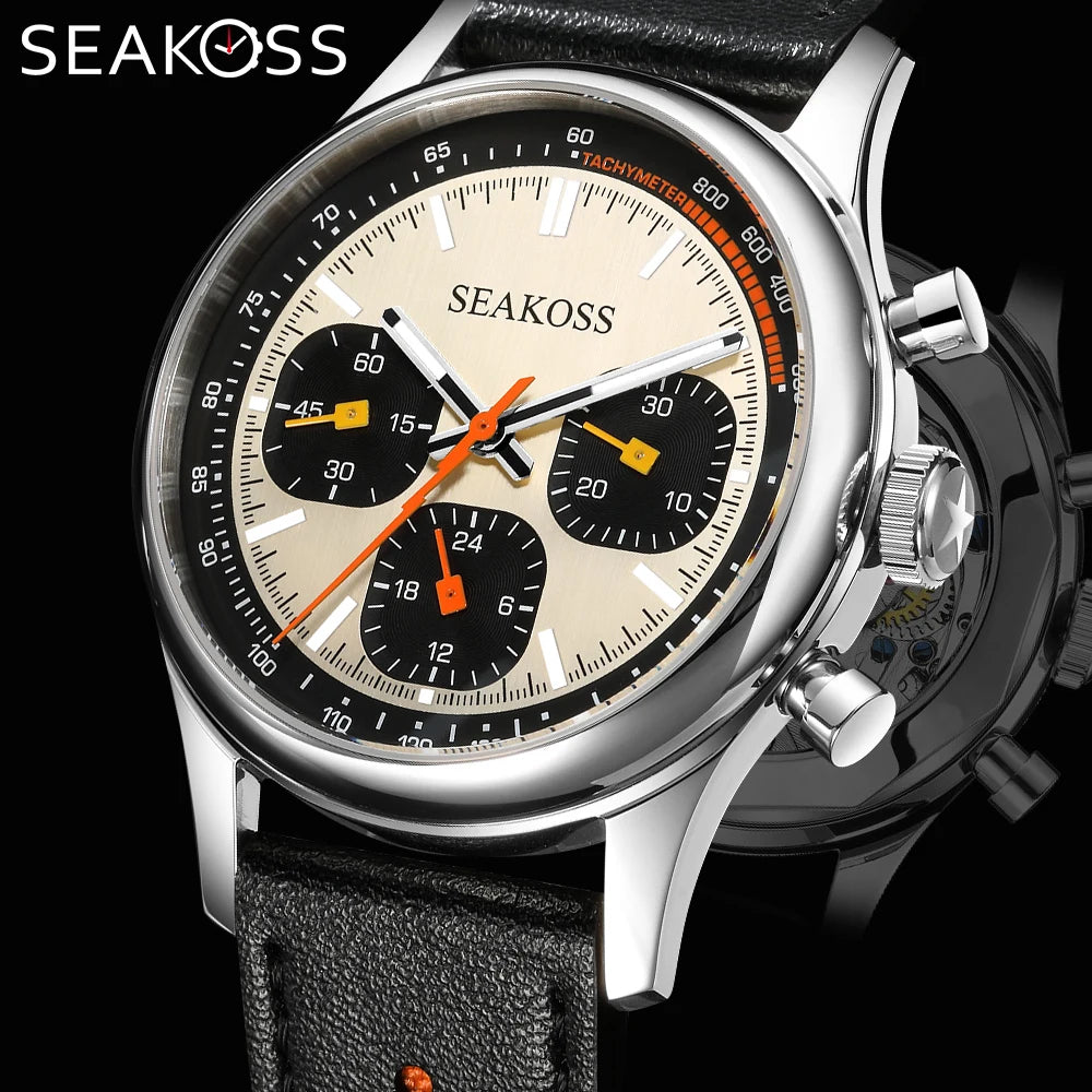 SEAKOSS 40mm 1963 Chronograph Men's Mechanical Diver Wristwatch Super Luminous Sapphire Leather Pilot Seagull ST1903 Analog