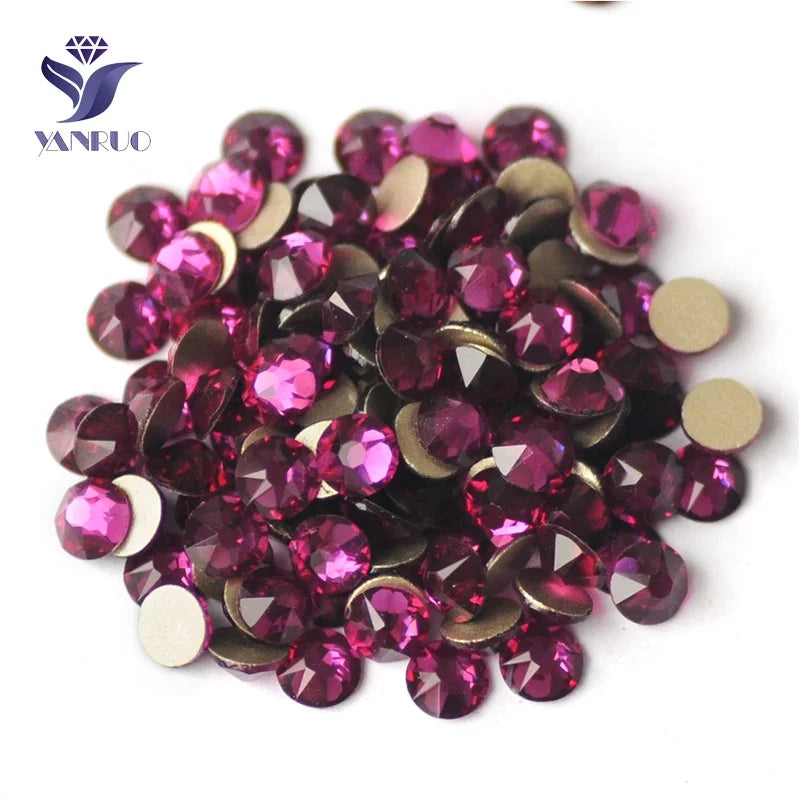 Yanruo 8+8 Facets Fuchsia Color Glass Beads Strass Bling Rhinestone 16 Facet Rhinestones Flat Back for Heels