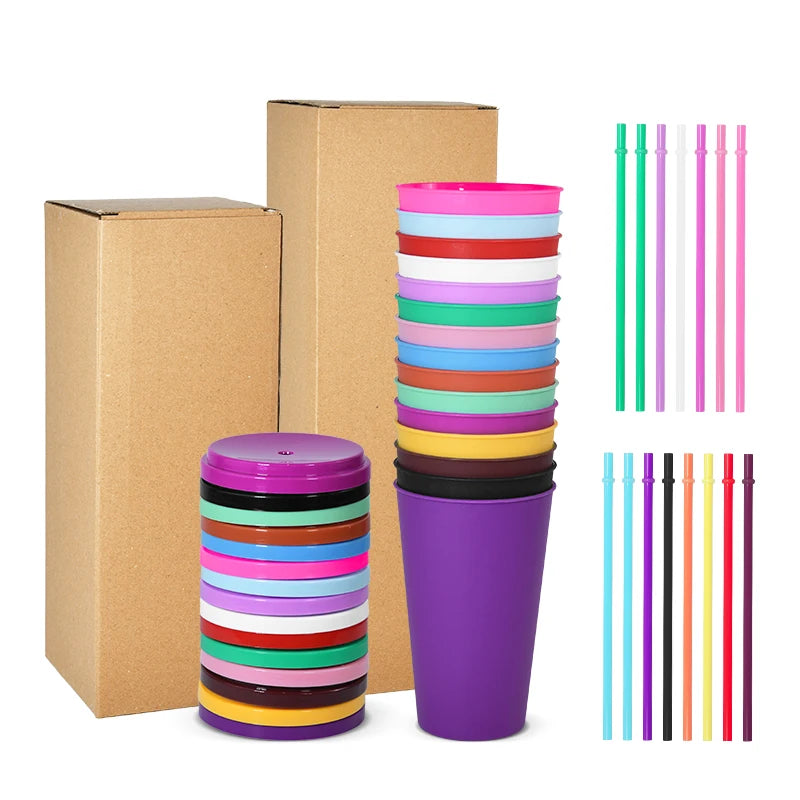 Multicolor 24 OZ Reusable Plastic Cups  with Lids and Straws Smoothie Juices Travel Mugs Bulk for Iced Coffee Box Packing