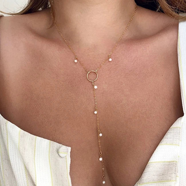 GN111 Natural Pearl Necklace 14K Gold Filled Y Necklace Pendant Handmade Gold Choker Boho Necklace for Women